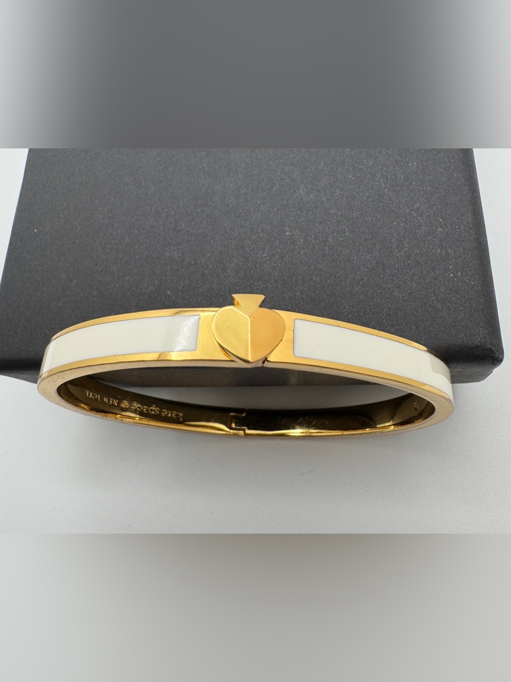 Kate Spade Stamped Heart Gold-Toned White Enamel with Clasp Bangle Bracelet
